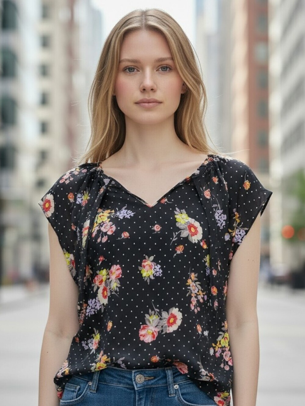 Lauren Conrad Women's Size Lg Blouse Cap Sleeve Black Floral Polka Dot Sheer Top